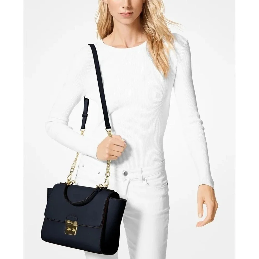 Michael Kors Brandi Medium Satchel Black Saffiano Leather Crossbody Gold Chain
